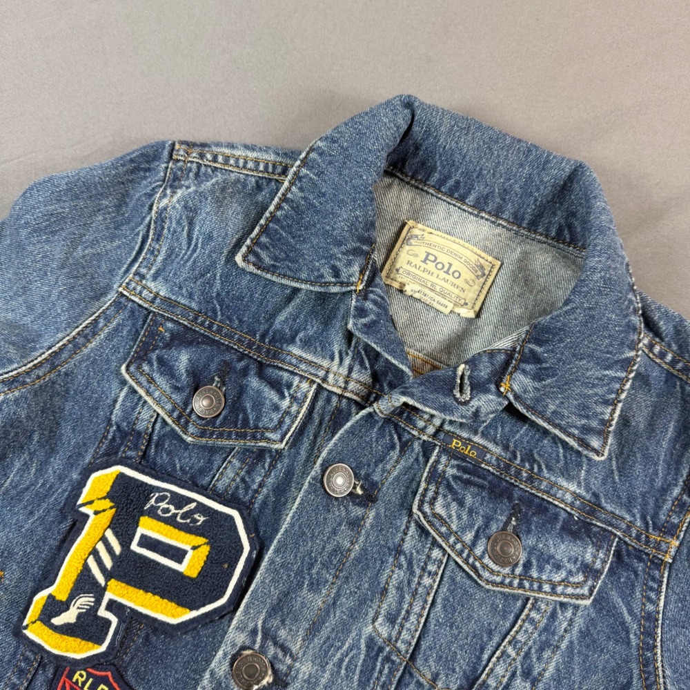 Polo Ralph Lauren Kids Varsity Denim Trucker Jacket Blue Patches Size M 8-10 NWT